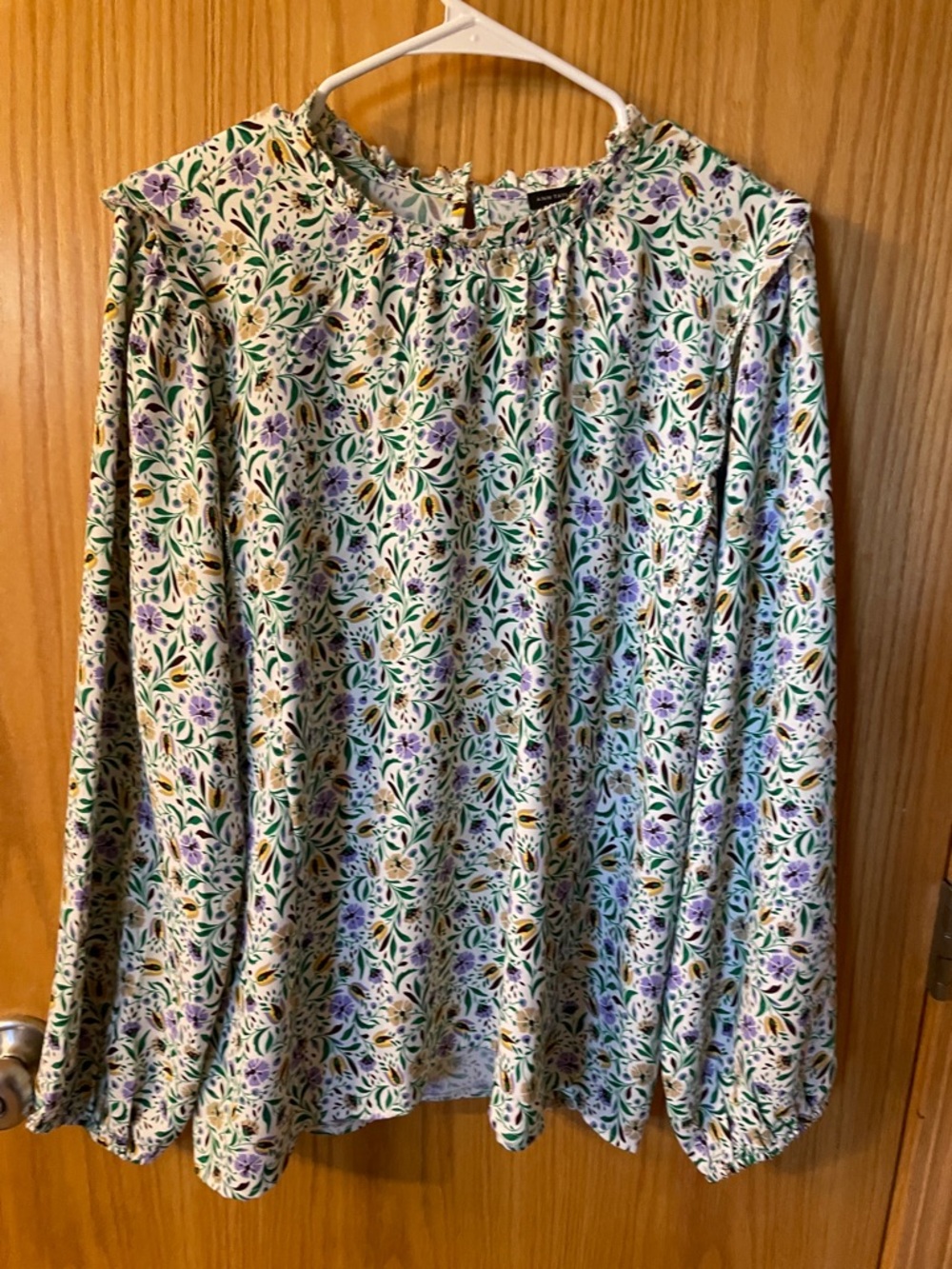 Ann Taylor Floral Ruffle-Neck Blouse in White, Green & Lavender